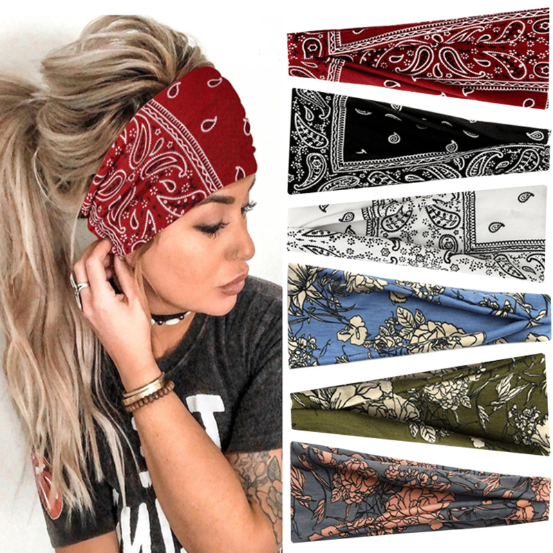 European and American sports hair band women's yoga print elastic hair band Amazon bohemian wide-brimmed turban hair accessories