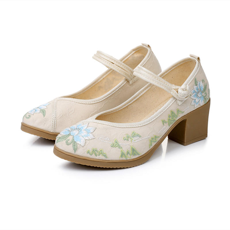 New Retro Ethnic Embroidered Shoes Old Beijing Cloth Shoes Tea Art Round Toe Thick Heel Round Toe Soft Shoes Women's Single Shoes