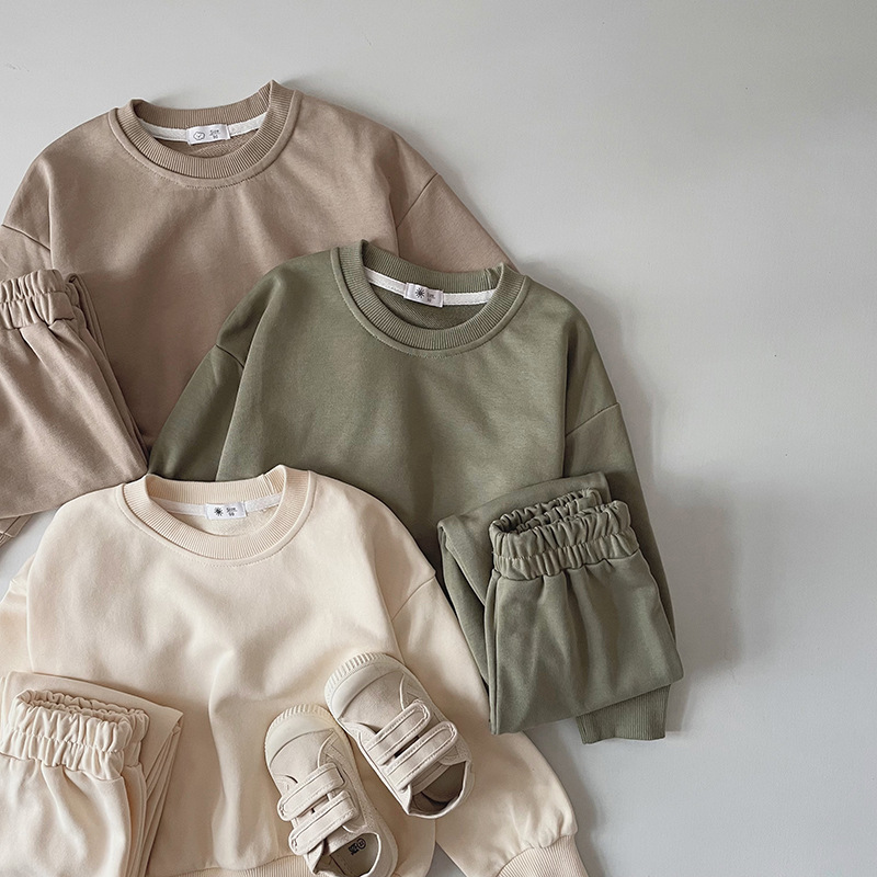 Children's terry cotton dopamine solid color men's and women's pullover round neck sweater coat trousers two-piece set