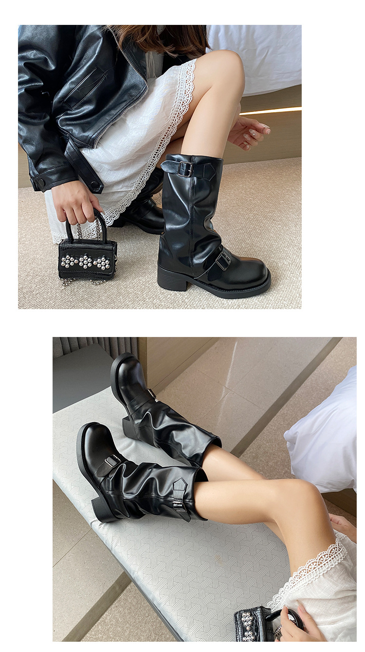 Stivali con fibbia a cintura e plissettati in pile per donna 2023 nuovi stivali retrò con tacco spesso e plateau a metà polpaccio stivali da sigaretta alla moda di strada_voghion.com