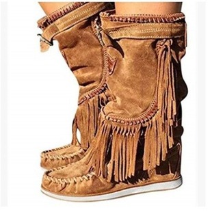 Independent Station Foreign Trade New Women's Round Head Suede Casual Women's Leather Boots Sleeve Tassel Boots Thick High School Heel Women's Shoes
