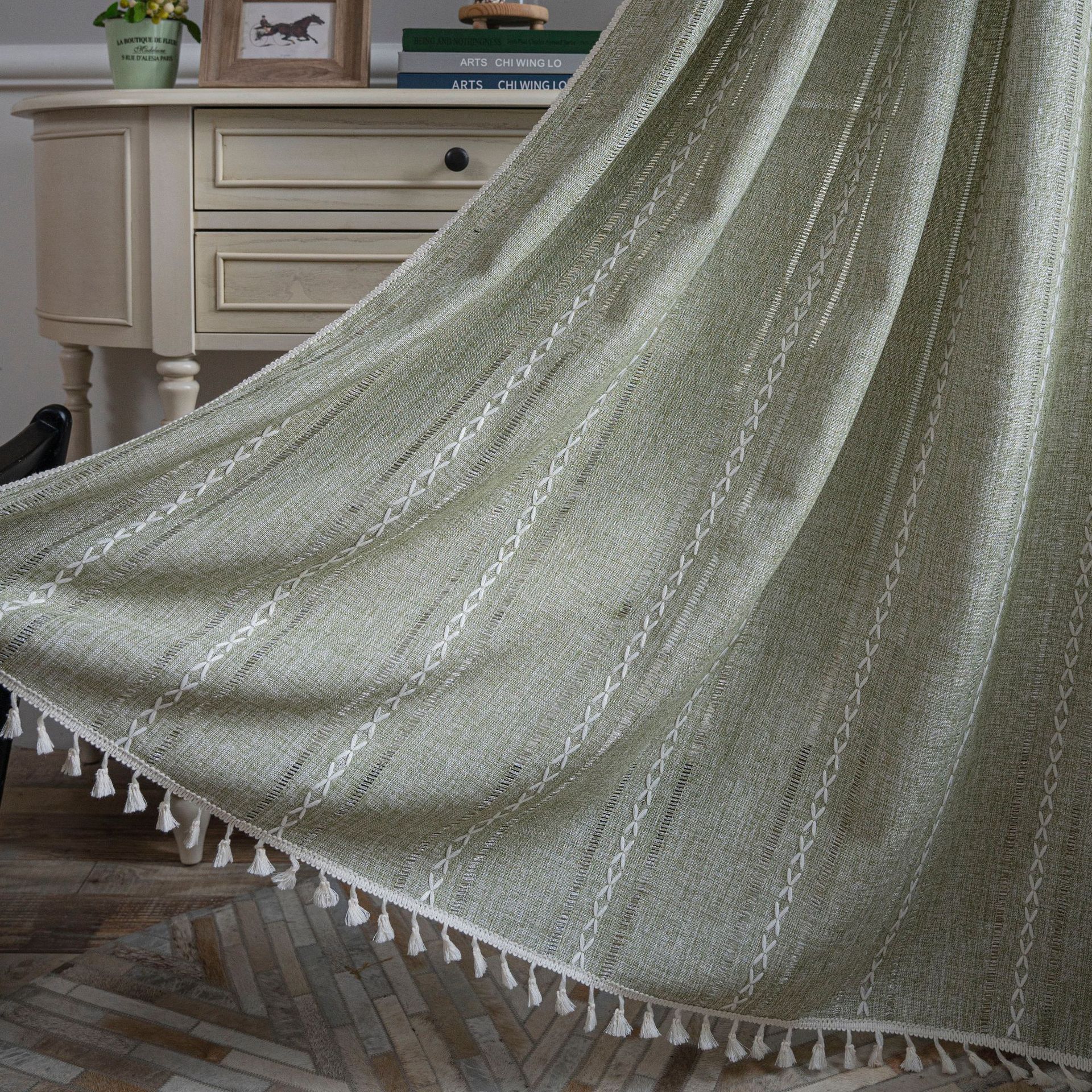 Cloth Dad Cross-border Amazon Curtain Finished Striped Embroidered Green Bedroom Curtain Country Style Semi-shading Bay Window