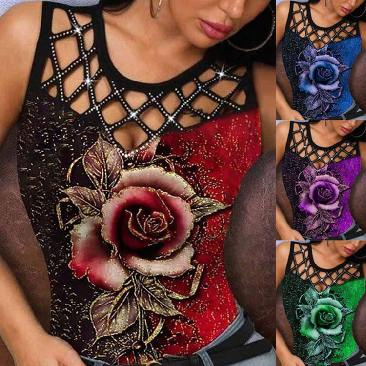 2021 European and American summer women's new ebay independent station wish3D rose hollow Vest Women's T-shirt top
