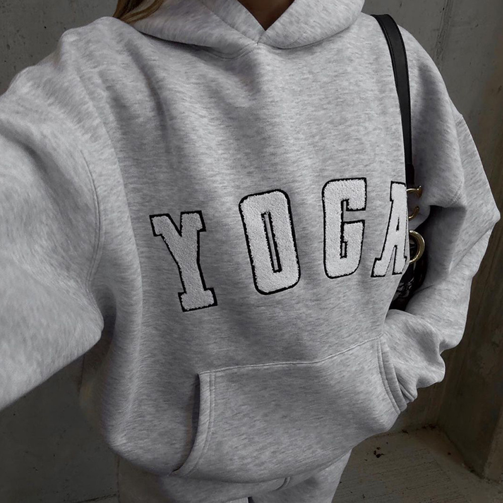 European and American 2023 New Amazon cross-border casual gray embroidered YOGA letter print loose hooded women's sweater