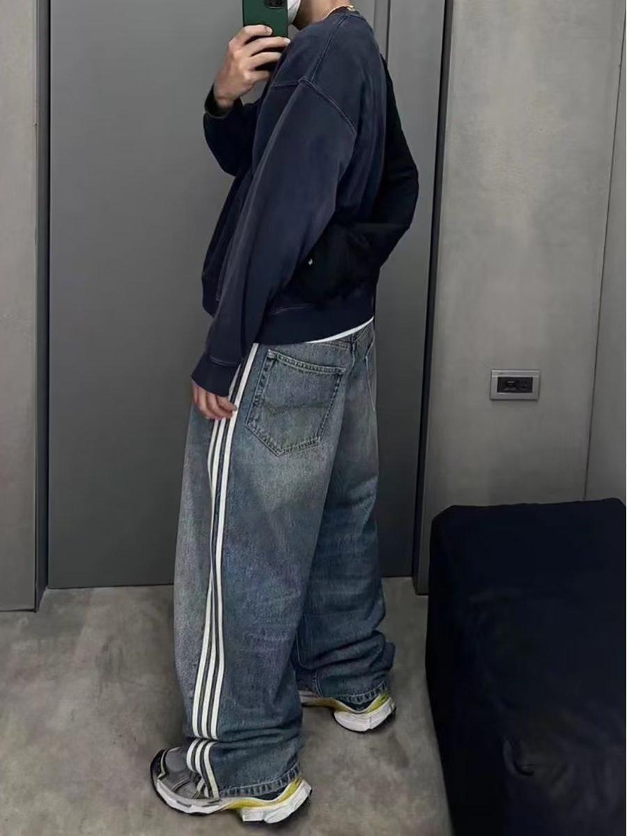 Spring 2023 New American Style Retro Three-Bar Washed Profile Blue Wide-Leg Straight Jeans for Men