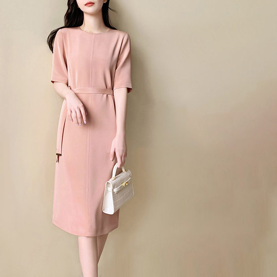 French style half-length dress 2023 Summer new design sense niche fashion light mature style solid color round neck midi dress