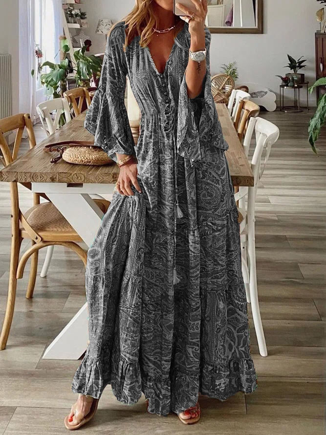 European and American Cross-border Bohemian Flare Sleeve Printed V-neck High Waist dress Floral Long Dress