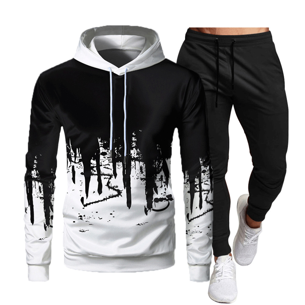 Crazy muscle men's sports casual hooded suit graffiti printing slim fit fashion simple OM cross-border suit