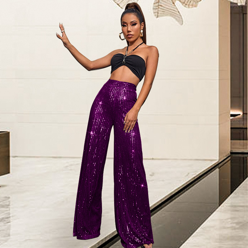 European and American Cross-border Women's Wear Pants for Autumn and Winter Amazon High Waist Wide Leg Pants Hanging Sequin Casual Pants for Women