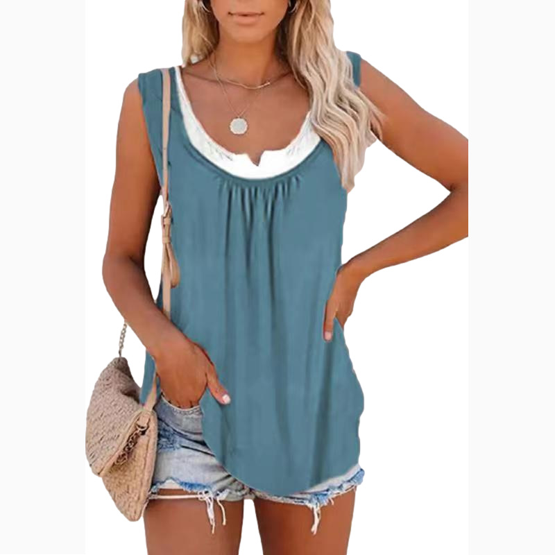 2023 Summer new European and American Amazon women's top solid color stitching sleeveless pleated vest T-shirt