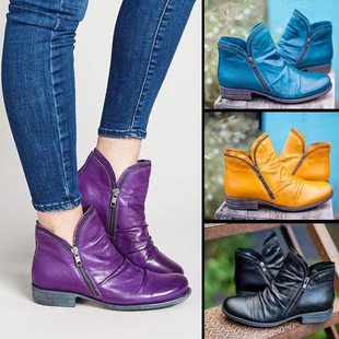 Independent station Foreign Trade women's round head artificial PUv mouth women's leather boots side zipper Martin boots warm horseshoe heel women's shoes