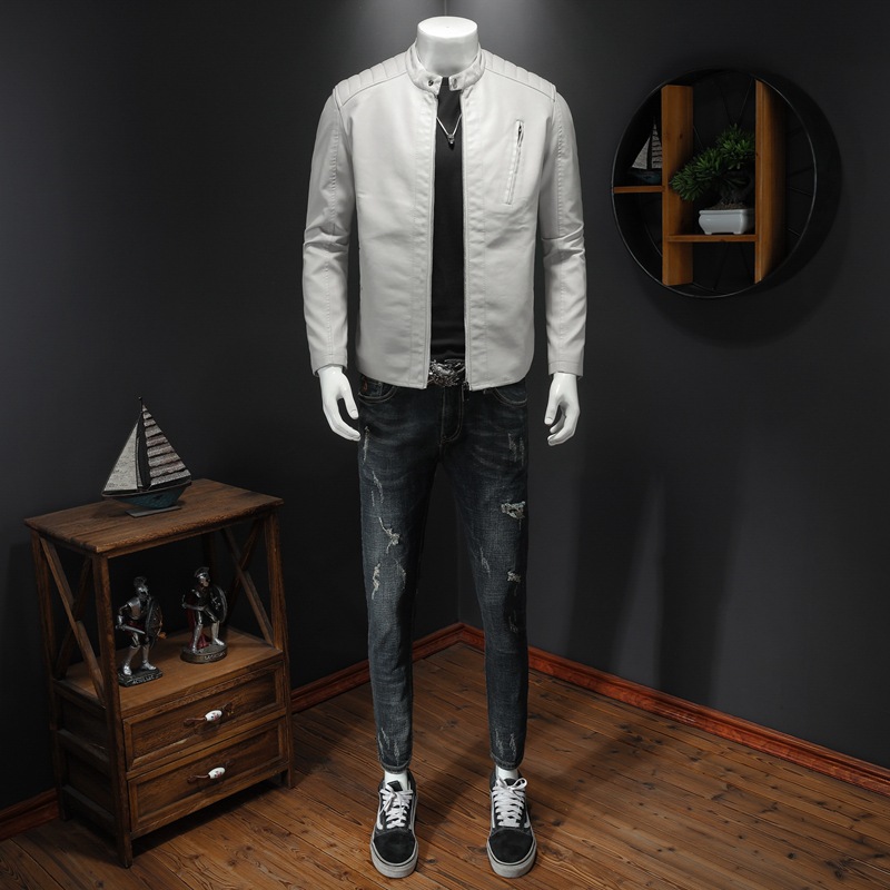 2023 New Autumn Large Size Standing Collar Leather Jacket Men's Jacket Trendy Slim Fit Men's Casual Bike Suit Leather Jacket