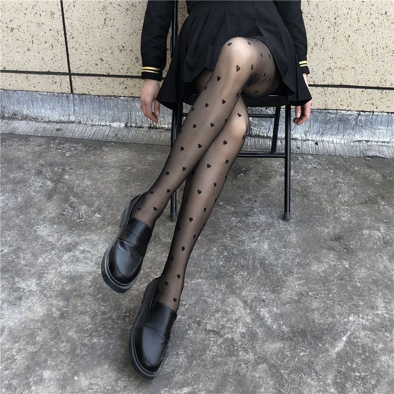 Japanese thin pantyhose with black silk pattern, love jacquard stockings, polka dot pantyhose, JK Lolita