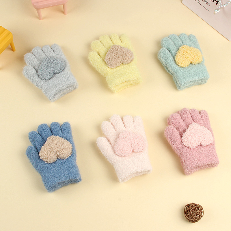 Children's Gloves New Winter Warm Fleece-lined Thickened Five-finger Multi-finger Girl's Baby's Full-finger Cold-proof Love Gloves