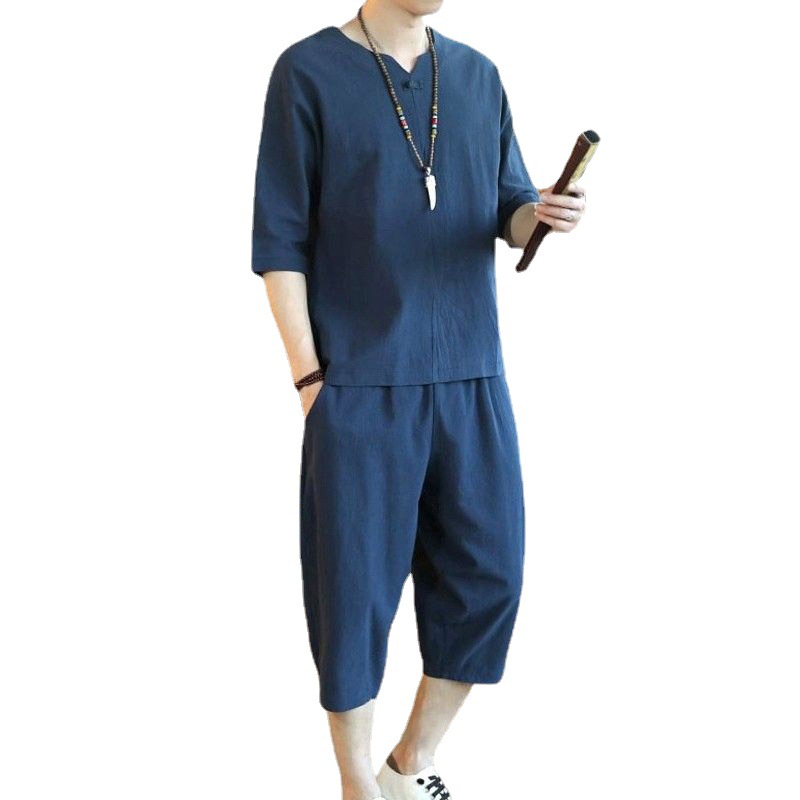 Japanese Style Summer Men's Linen Suit Chinese Style Large Size Loose Capri Pants Casual Tang Suit Cotton and Linen Two-piece Suit for Men