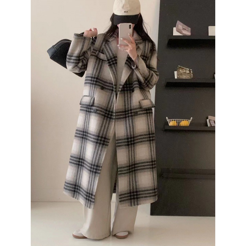 Manteau double face à carreaux coréens de haute qualité en laine longue pour femme, épais, automne et hiver_voghion.com