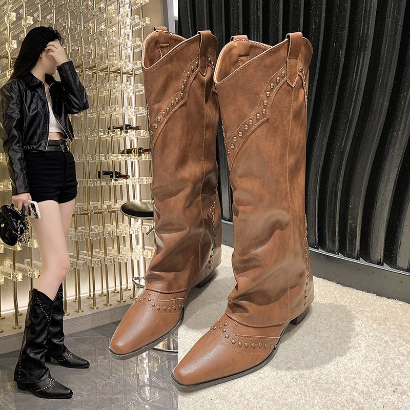 レトロなリベットの高い筒のズボンの管の靴のフランスの女性のブーツの百合の西部のカウボーイの靴の騎士の靴の小さい背の長いブーツ|undefined