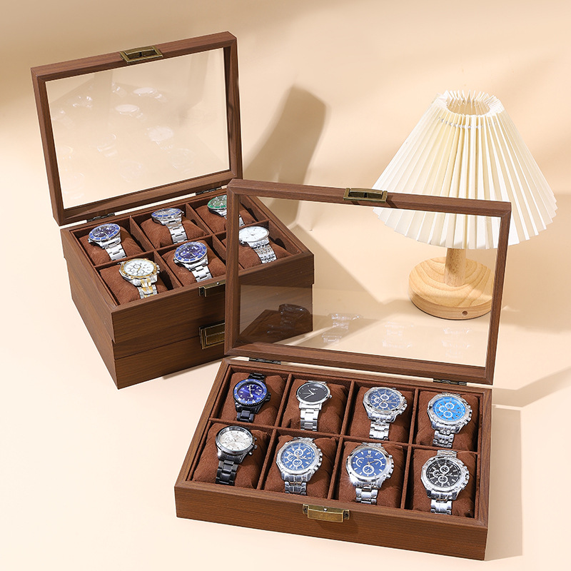 Walnut wood grain jewelry box flip glasses box Bodhi antique box multi-position glass window display watch bag box