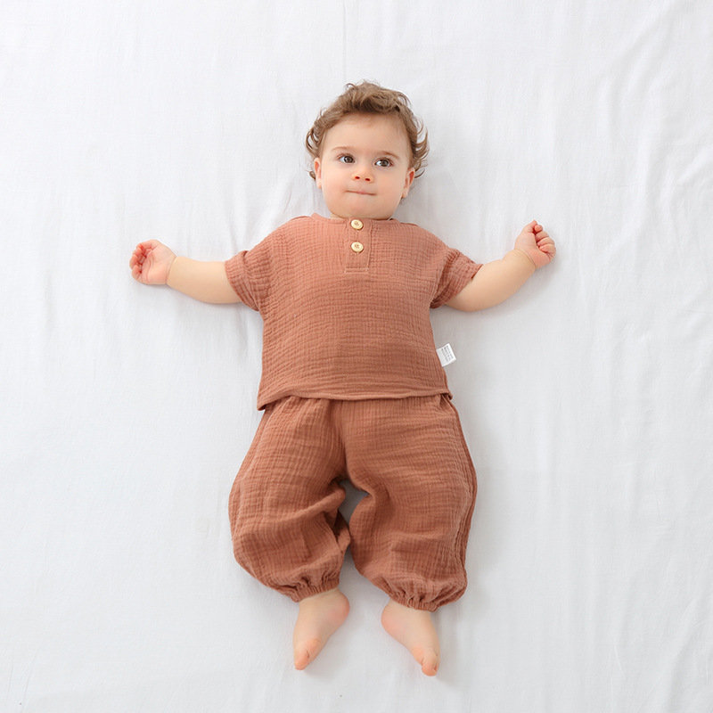 Baby Two Pieces of Wrinkled Cloth suit Short Sleeve Breathable Male and Female Baby Split Pure Cotton Gauze Clothes Children's Pajamas Cross Border