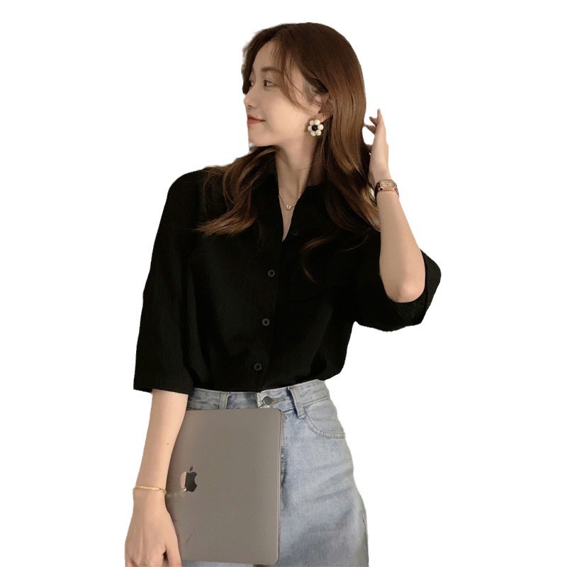 Vintage Cropped Sleeve Shirt Women's 2023 Summer New Style Design Pleated Top Lazy Style Loose Shirt