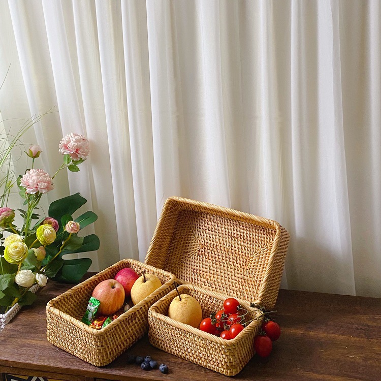 Vietnam Autumn Rattan Weaving Basket Storage Basket Fruit Bread Blue Woven Snacks Rectangular Household Japanese Desktop Basket