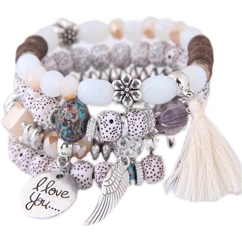 New Crystal Opal Wings love Beaded Bracelet Multi-Circle Tassel Bracelet Vintage Ethnic Style Jewelry