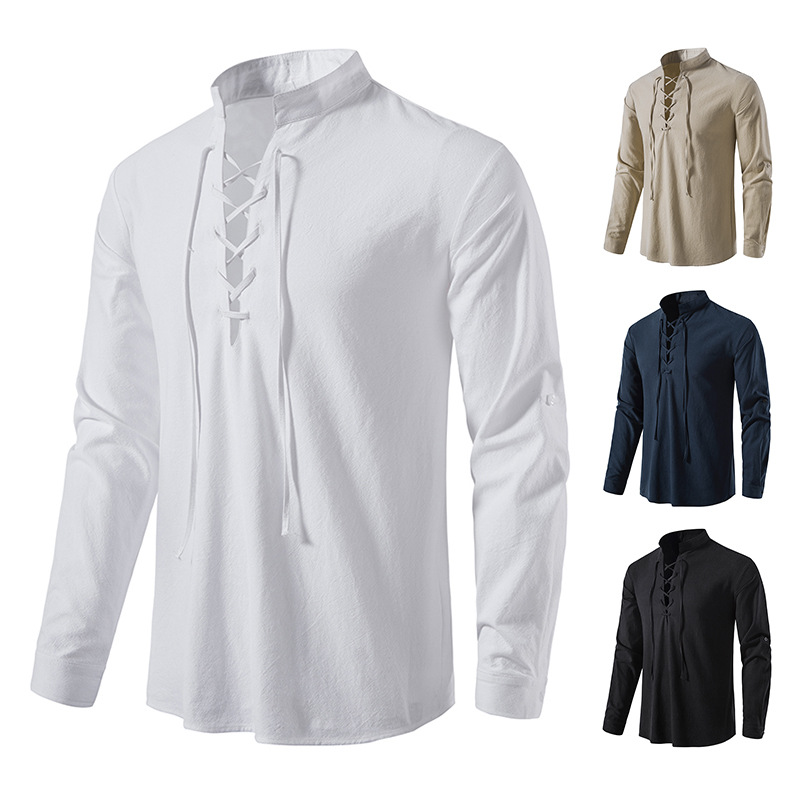 Amazon men's cotton and linen Henry shirt long sleeve hippie casual beach stand collar shirt A275