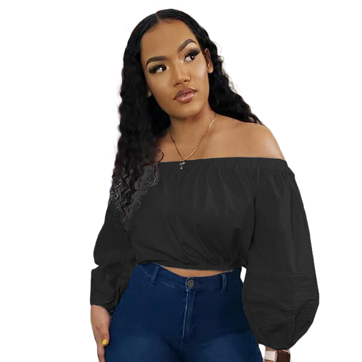 BN187 Foreign Trade European and American Women's Wear Amazon New Autumn Solid Color Lace Sleeve Top (Top Only)