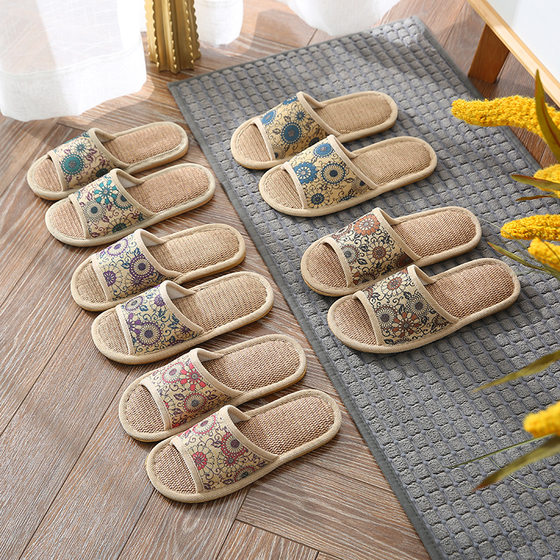 Summer Home Bedroom Thick-soled Floral Linen Slippers for Women and Men Couple Home Non-slip Wear-resistant Household Cloth Slippers