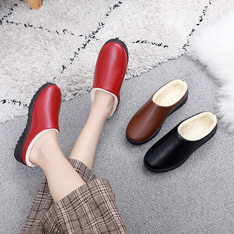 Winter New Women's Fleece-lined Warm Non-slip Lazy Slip-on Indoor and Outdoor Home Waterproof PU Cotton Slippers