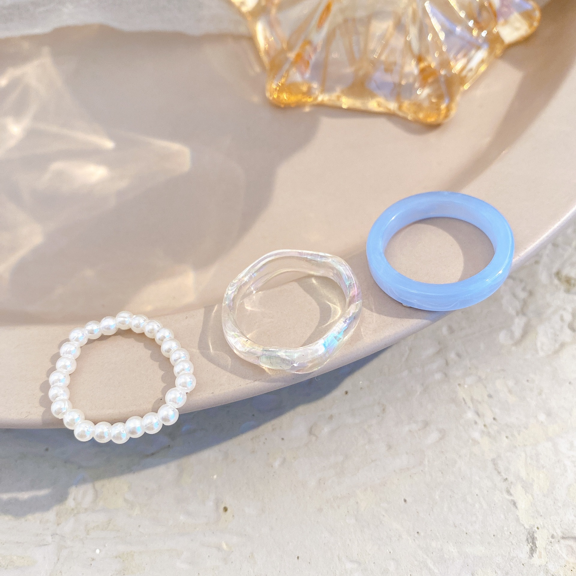 2022 Simple Resin Ring Plain Ring Pearl Ring Women's Niche High-grade Acrylic Ring Set 3-piece Set