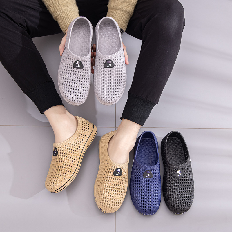 Hole Shoes Men's New Non-slip Deodorant Wear-resistant Thick-soled Mesh Shoes Men's Fashionable Breathable Trendy Sports Toe Shoes