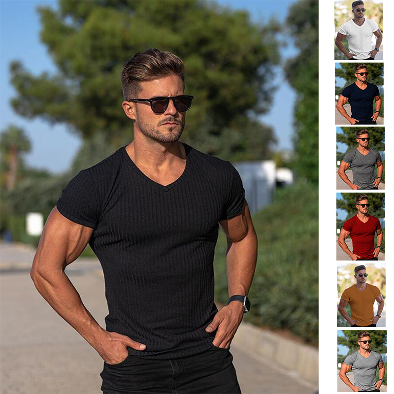 wish Amazon Europe and the United States cross-border foreign trade men's summer sports fitness leisure solid color v neckline short sleeve men