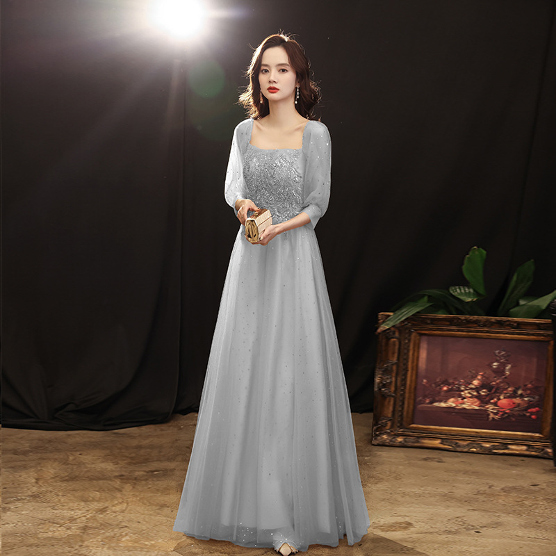Banquet Evening Dress 2024 Spring New Grey Simple Sister Group Party Dress Host Art Test Performance Dress