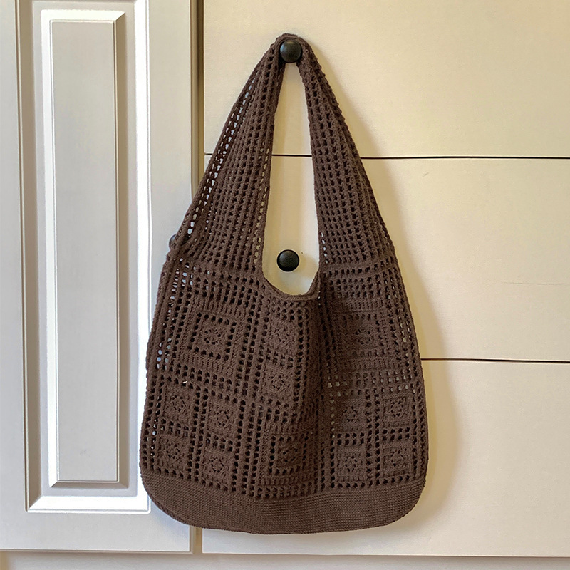 ニットバッグレトロメッシュ透かし彫りシンプル編みカバンレディースショルダーバッグbags毛糸ハンドバッグショッピングバッグ|undefined