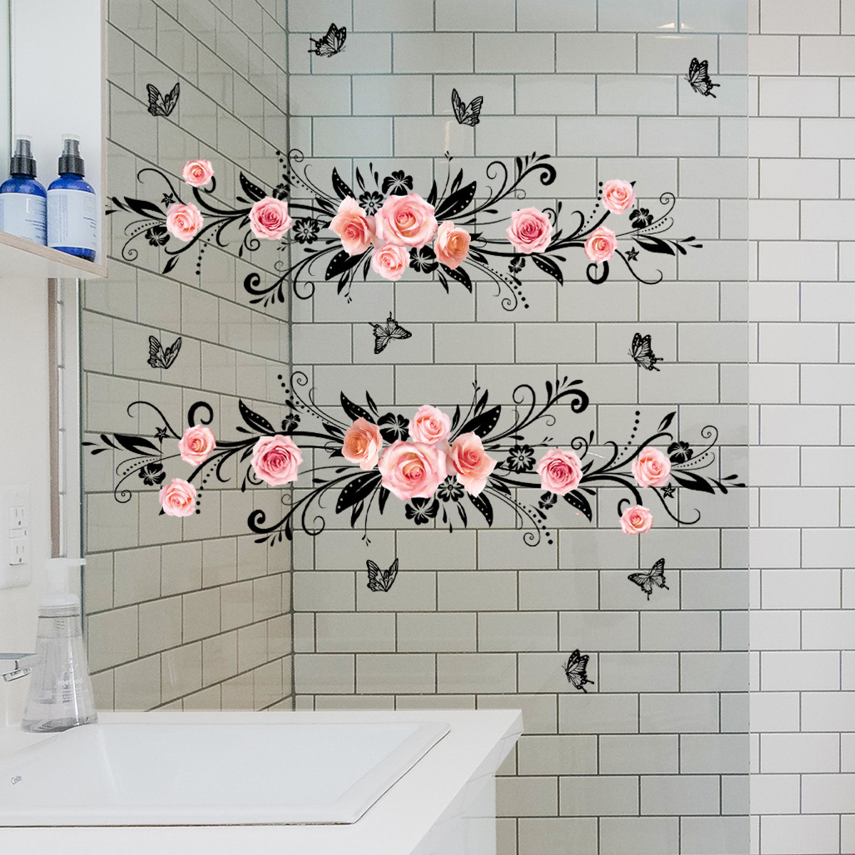 Cartoon Panda Double Sided Visual Rose Butterfly Flower Rattan Mirror Glass Sticker Home Bathroom Decoration Self-adhesive Wall Sticker