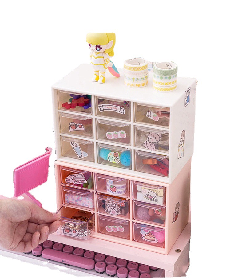 Shake Tone Same Style Girl's Heart Dormitory Desktop Dust-proof Drawer Style Stationery Jewelry Jiugongge Storage Box