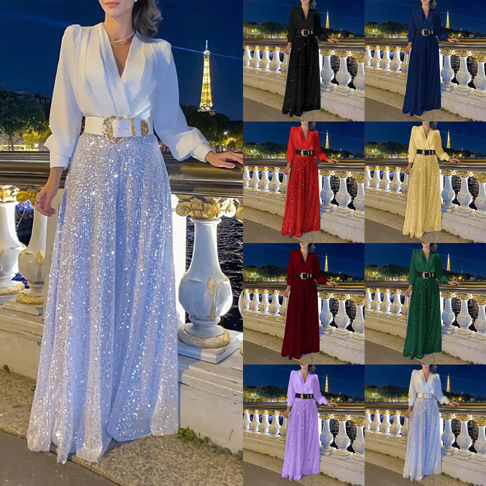 Cross-border European and American new fashion V-neck long-sleeved shirt elegant waist slimming sequined wide-leg pants-with belt