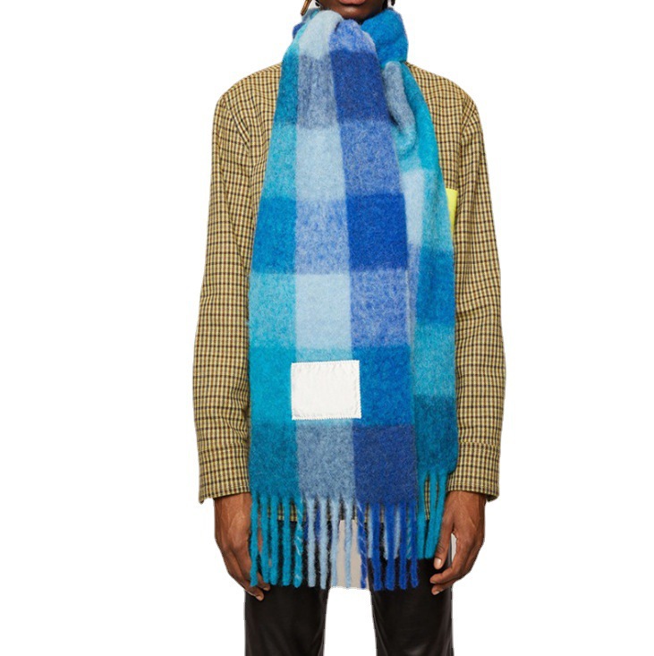 Scarf Women's Winter ac Double-sided Rainbow Plaid Shawl Long Hippo Hair Color-block Scarf Men's Same Tassel