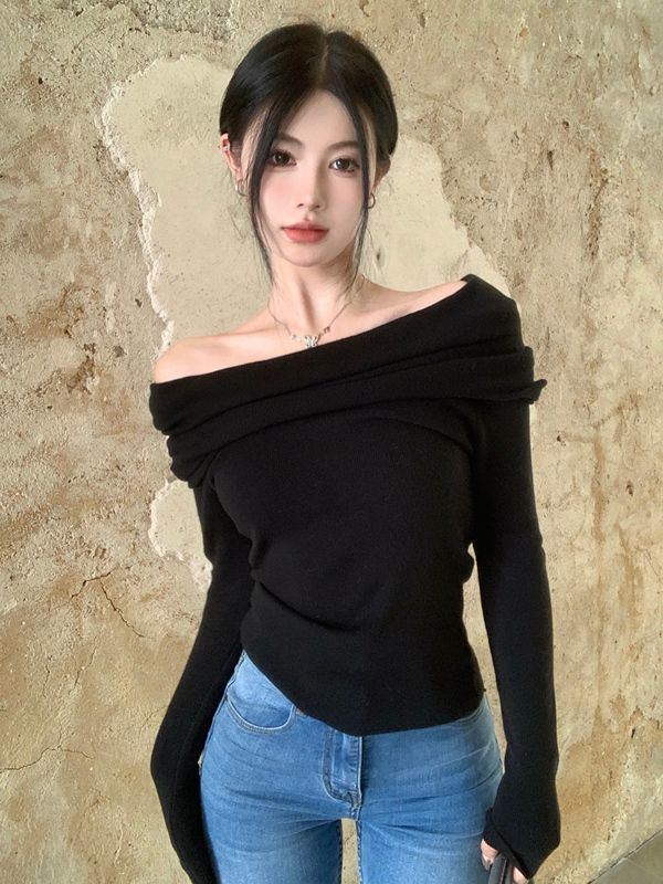 Lazy style one-shoulder clavicle knitted sweater spring gentle style slim slim long-sleeved bottoming shirt top