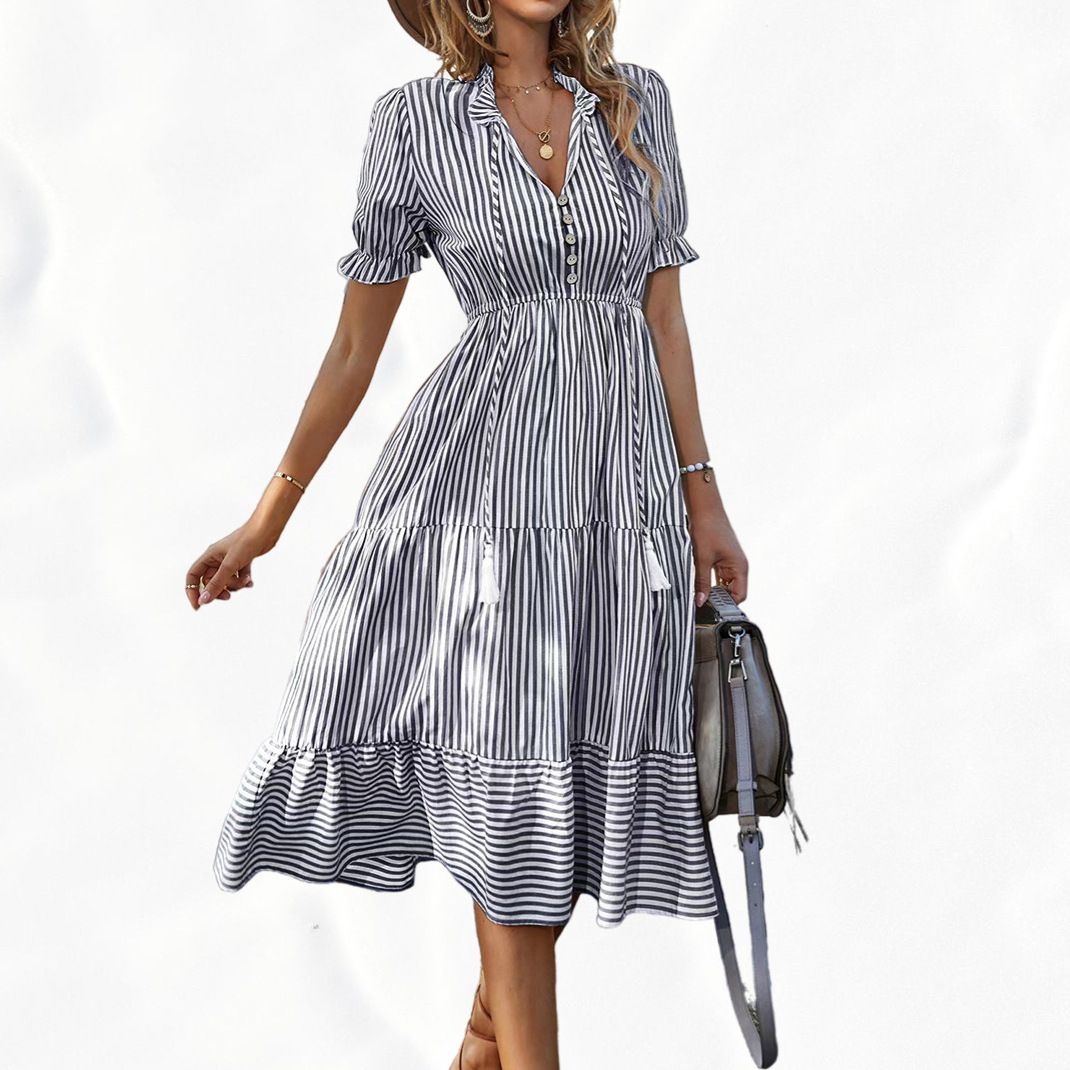 2023 women's striped dress V-neck elastic waist short sleeve big swing dress