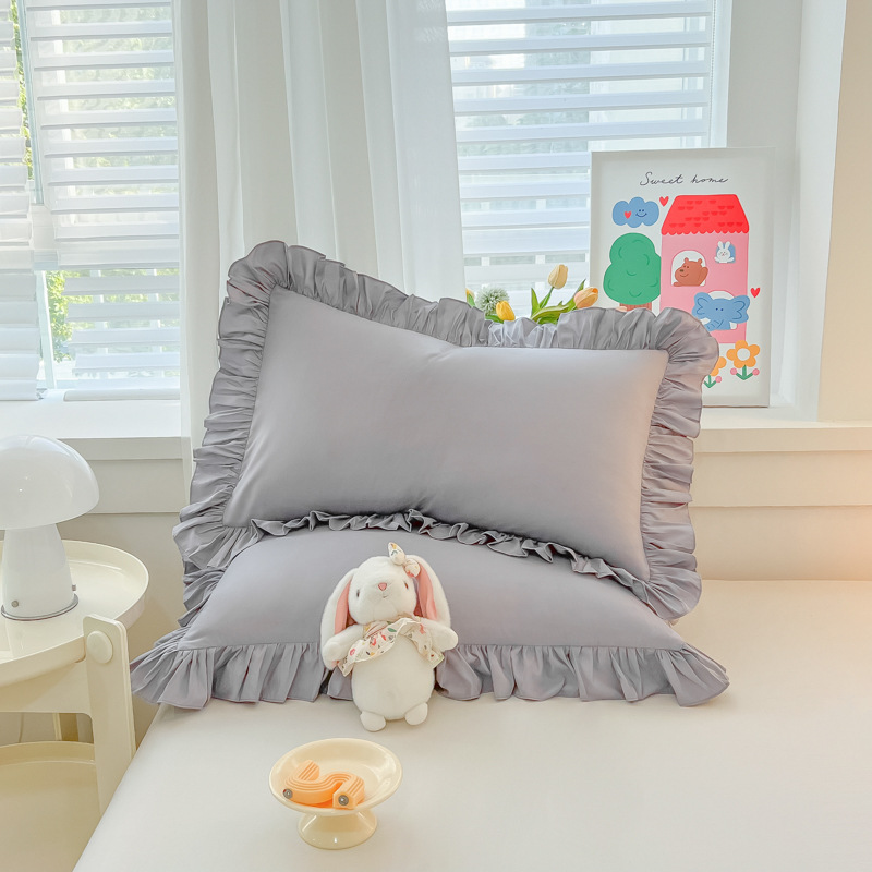 2025 factory direct Korean princess style solid color washed cotton ruffled pillowcase ins style pillowcase single product