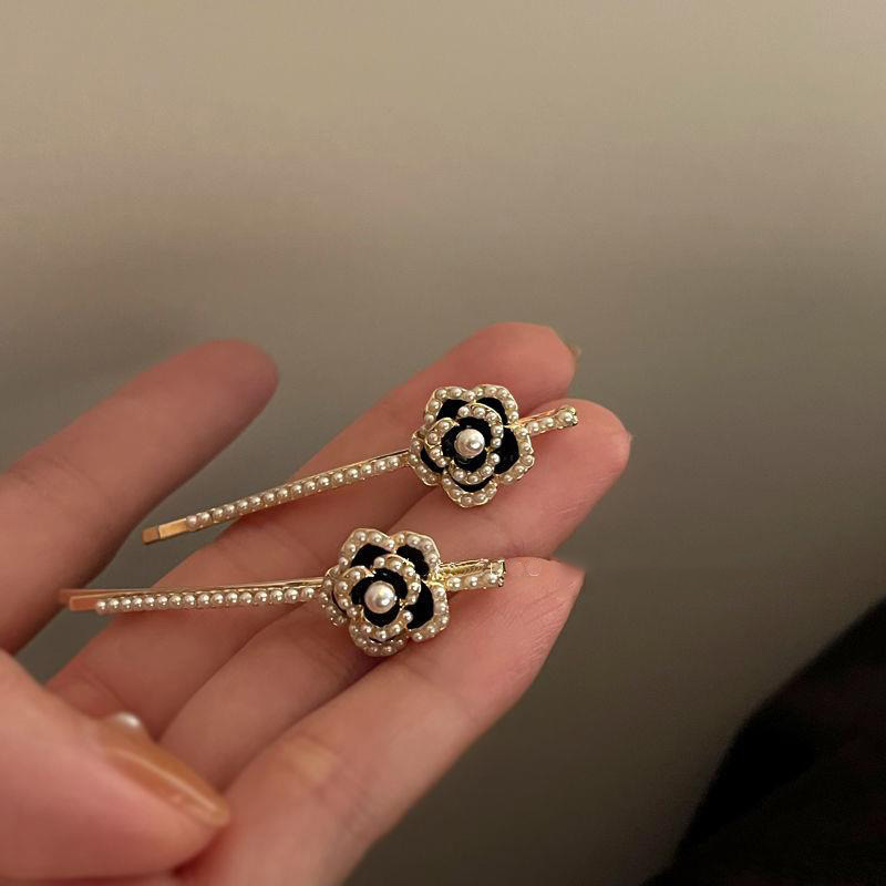 French Retro Black Camellia Pearl Hairpin Korean Hair Accessories Headwear One Word Clip Side Clip Side Hairpin Clip