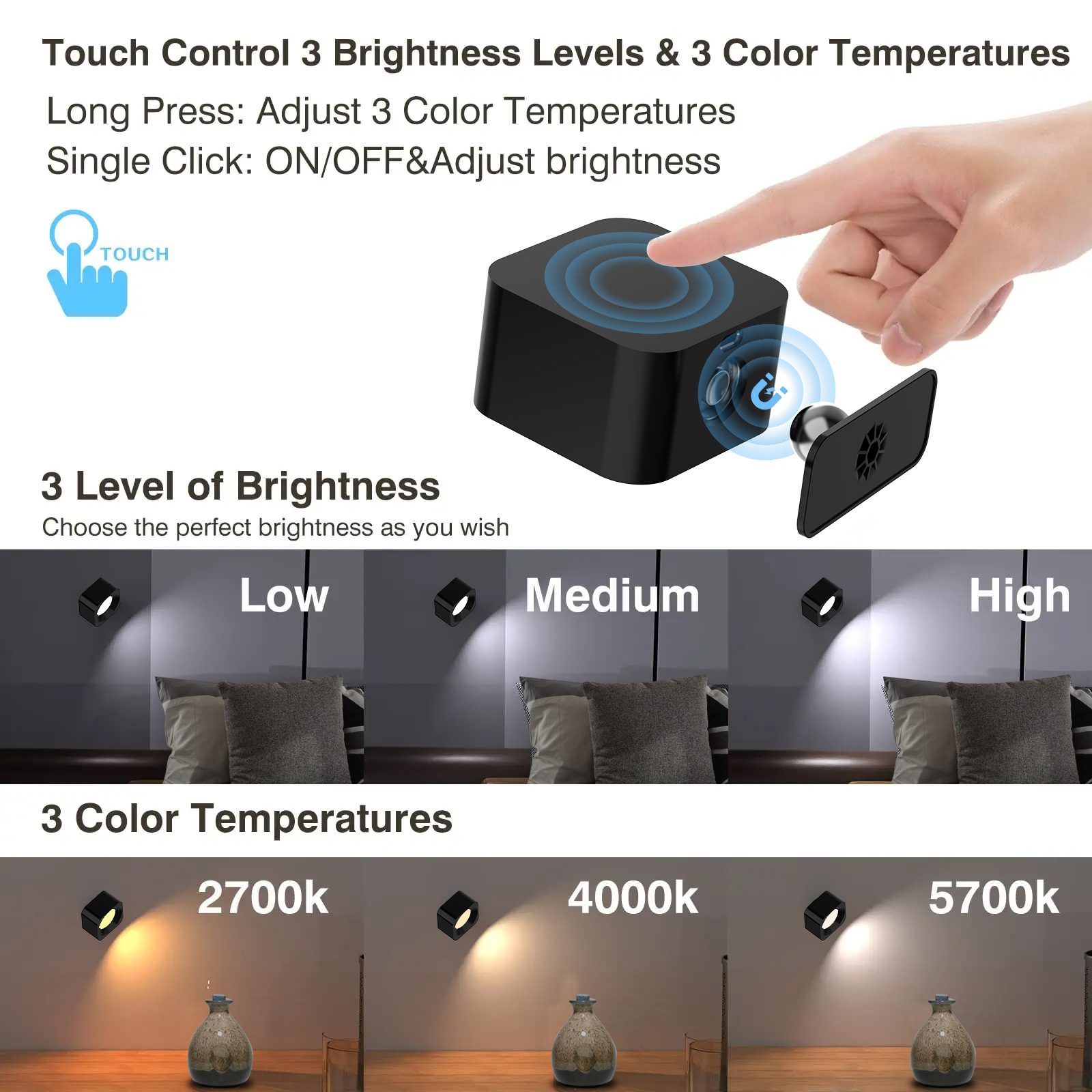 New USB rechargeable indoor wall lamp USB magnetic cabinet lamp bedside book lamp rechargeable portable touch lamp