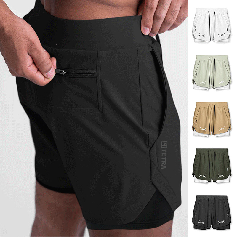 thumbnail for Summer Men\&#039;s Shorts American Youth Fake Two-piece Double-layer Sports Shorts Men\&#039;s Multi-pocket Running Fitness Basketball Pants