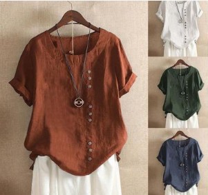 2019 Summer Vintage Large Size Casual Loose Cotton and Linen Short-sleeved Pullover T-shirt Cotton and Linen Women's Clothing