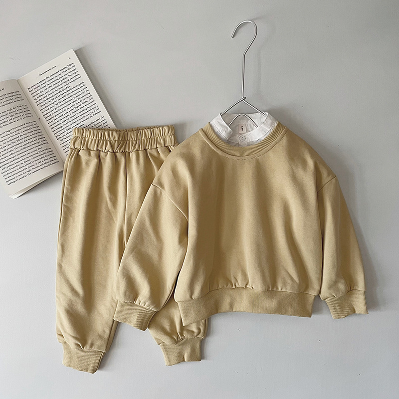 Children's terry cotton dopamine solid color men's and women's pullover round neck sweater coat trousers two-piece set