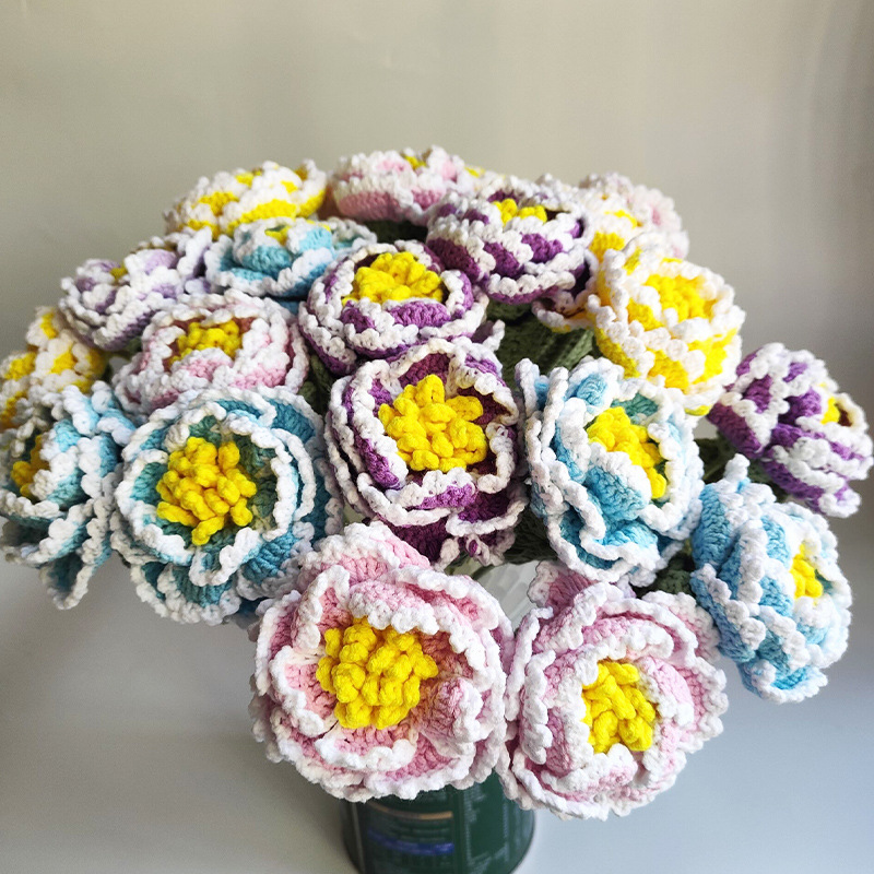 Wool Yarn Crocheted Peony Flower Simulation Bouquet Gradient Color Multi-Petal Artificial Flower Hand Knit Home Decoration Ornament
