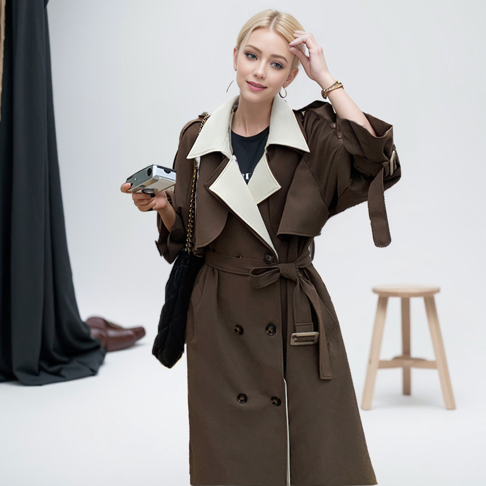 In stock new color matching contrast color profile windbreaker women's trendy Korean style niche design loose mid-length coat_voghion.com