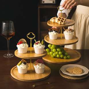 Bamboo and wood double-layer dessert table three-layer snack plate cake wedding snacks fruit string plate jewelry storage multi-function rack